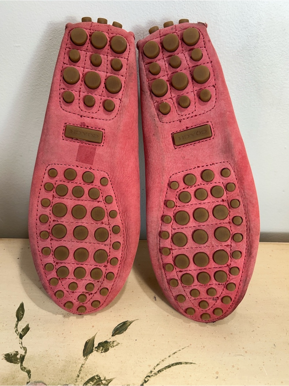 Coach Napoleon Salmon Pink Coral Suede Gold Buckle Driving Loafers - Picture 15 of 15